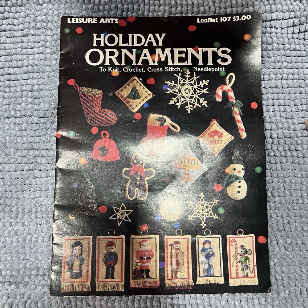 Vintage 1977 Leisure Arts Holiday Ornaments 107 Knit Crochet Cross Stitch